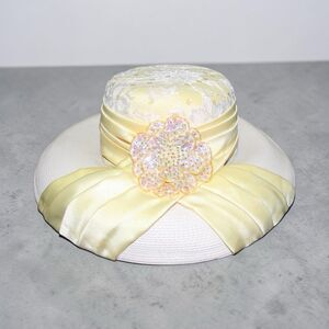 Vintage Whittall & Shon Wide Brim Hat Satin Ribbon Rhinestone Lace Overlay